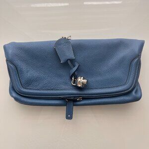 Authentic folding blue leather Alexander McQueen clutch & silver skull
